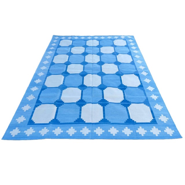 Handmade Cotton Area Rug Vegetable Dyed Sky Blue and White Vista Rug-8'x10' For Sale - Image 9 of 11