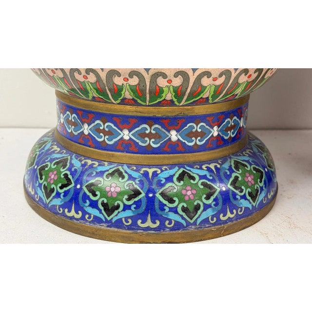 Pair of Chinese Cloisonne Enamel Vases Gold Floral Scrolls For Sale - Image 10 of 13
