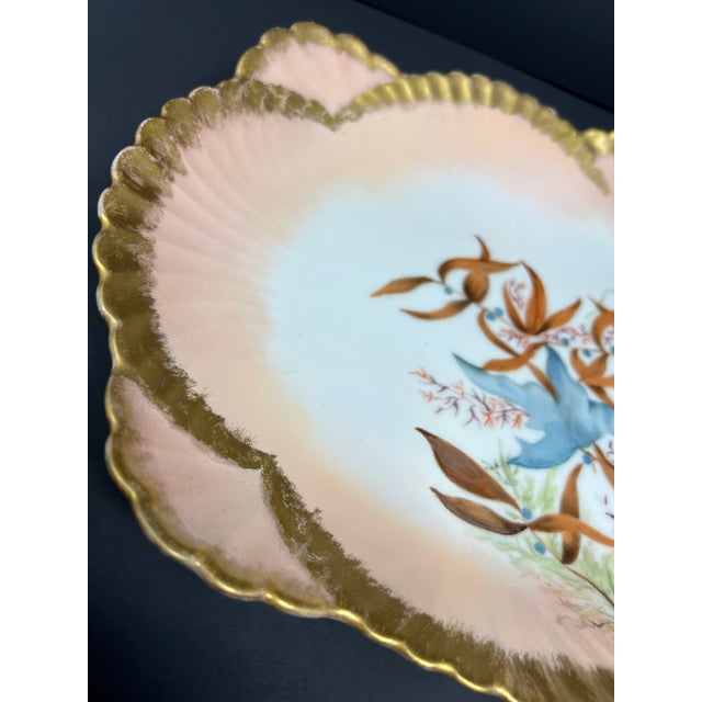 Blush Antique Staple Repaired Limoges Porcelain Charger, Art Nouveau Marine Botanical, France c.1900 For Sale - Image 8 of 9