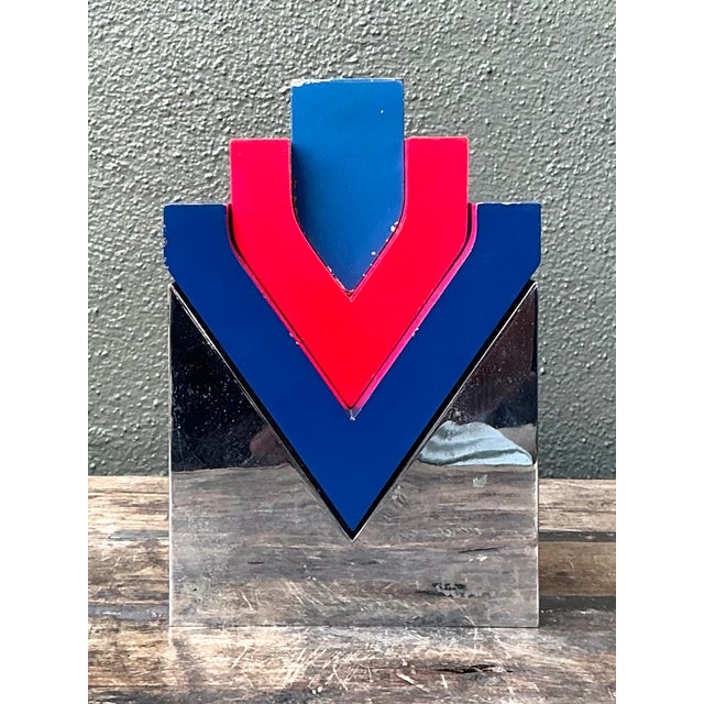 Contemporary Vintage Postmodern Stacked Wood and Chrome Sculpture For Sale - Image 3 of 12