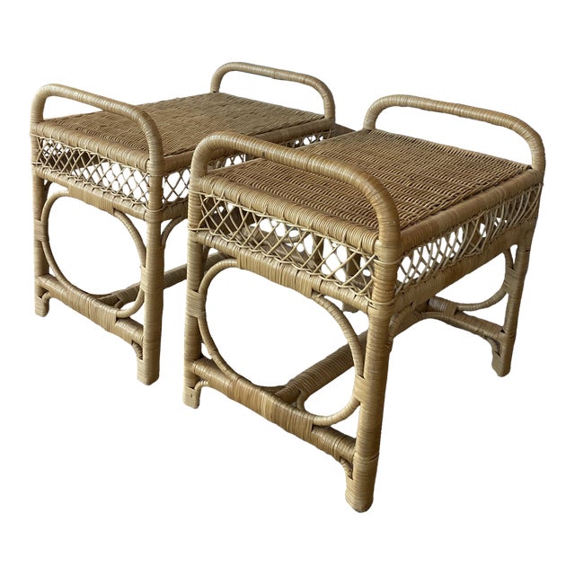 Vintage Pair of Wicker Rattan Benches End of Bed Stools Chairish