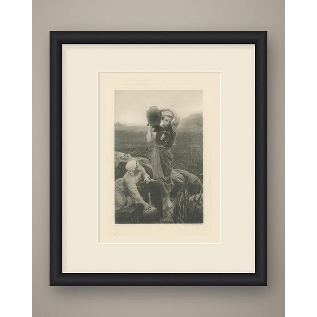 Two young countrywomen meet at a stone spring on an open hillside. One stands barefoot on the rocks at the center,...