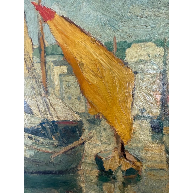 Paper Harbor Scene Painting Dated 1929 For Sale - Image 7 of 9