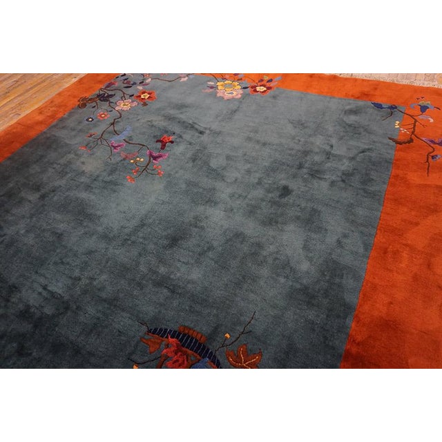 Exceptional Army Green Color Ground With Bits of Chinese Ornament Floral Design Antique Chinese Art Deco Rug For Sale - Image 12 of 15