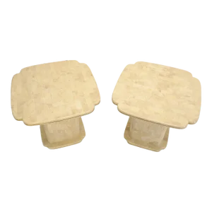 Pair of Tessellated Stone Brass Trim Mid-Century Modern End Tables Stands
