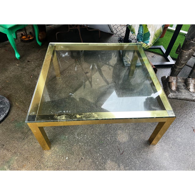 Modern 1990s Gold Square Coffee Table With Glass Top Pierre Cardin Style For Sale - Image 3 of 3