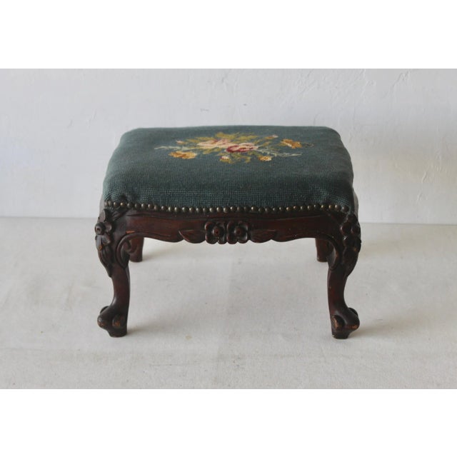 French Country Vintage French Country Louis XV Style Carved Wood Needlepoint Footstool Ottoman Nailhead Detail For Sale - Image 3 of 12