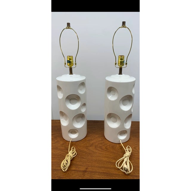 Pair of Mid 20th Century Swiss Cheese Style White Ceramic Table Lamps For Sale - Image 4 of 17