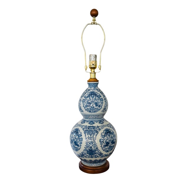 Blue Lauren Ralph Lauren Blue & White Chinoiserie Double-Gourd Porcelain Table Lamps – Koi Fish Motif, Pair For Sale - Image 8 of 9