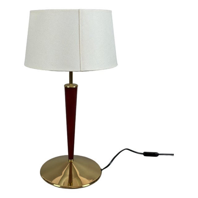 Brass Table Lamp with Wood and Fabric Shade, 1960s For Sale