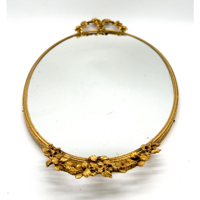 Mid-Century Oval Gilt Mirrored Tray With Floral Handles – Hollywood Regency / Italian Florentine Style For Sale - Image 10 of 12