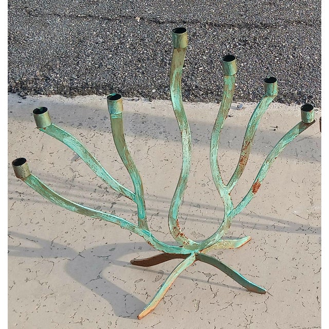 Vintage 7 Arm Brutalist Candelabra Hand-Forged Iron and Copper With Verdigris For Sale - Image 14 of 14