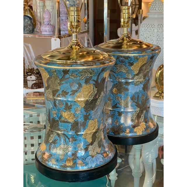 Vintage Large Floral Porcelain Chinoiserie Blue Drum Table Lamps New Wiring -A Pair For Sale - Image 11 of 13