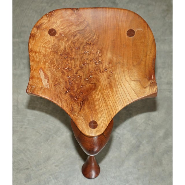 Burr Yew Wood Tripod Stool with Timber Grain For Sale - Image 3 of 18