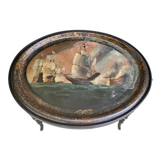 Antique Hand Painted Paper Mache Nautical Tray Top Cocktail Table For Sale