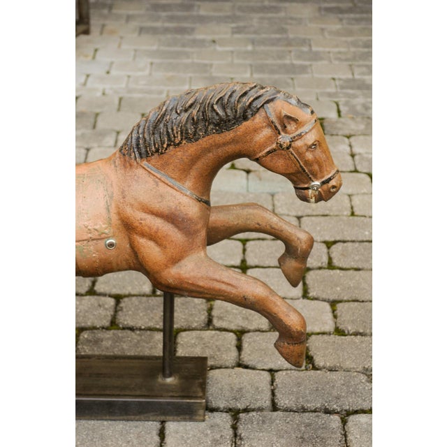 Vintage 1940s Folk Art Painted Iron Child Riding Horse Mounted on Custom Base For Sale - Image 10 of 12