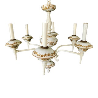 Vintage Mid Century Brown & White Ceramic & Iron 6 Light Hanging Lamp Chandelier For Sale