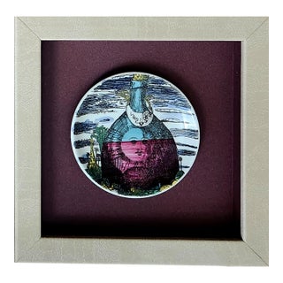 Piero Fornasetti “12 Mesi, 12 Soli” Porcelain Coaster, November, Sun in a Wine Bottle, Framed For Sale