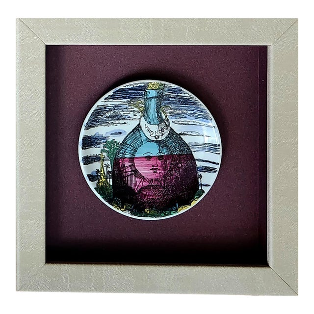 Piero Fornasetti “12 Mesi, 12 Soli” Porcelain Coaster, November, Sun in a Wine Bottle, Framed For Sale