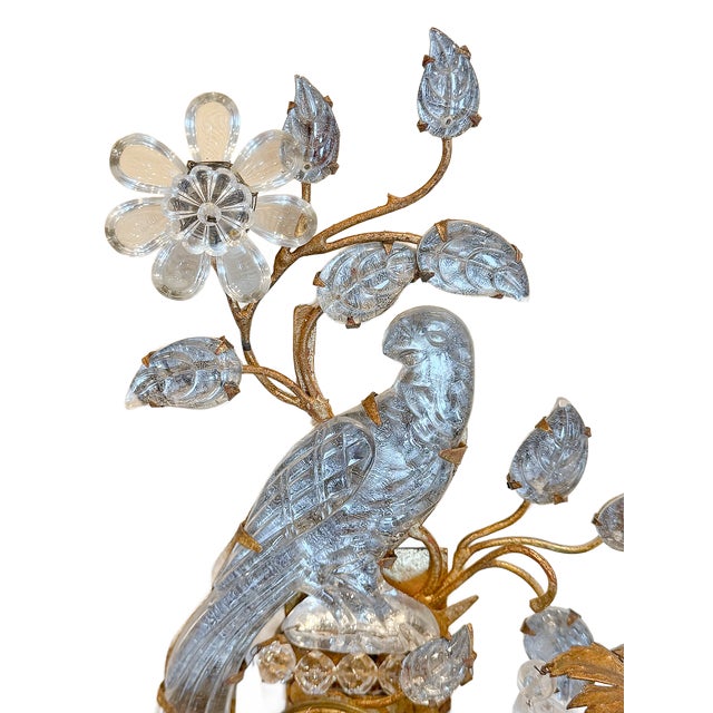 1930s Early 20th Century Maison Bagues Crystal Parrot and Gilt Tole Two Light Wall Sconces - A Pair For Sale - Image 5 of 7