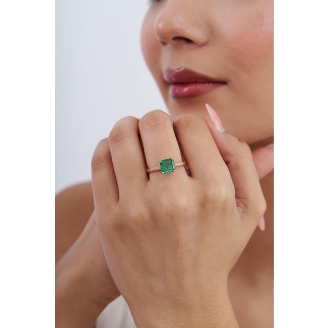 1.63ct Square Cut Zambian Emerald Diamond 14k Gold Victorian Engagement Ring Size 4 For Sale - Image 11 of 18