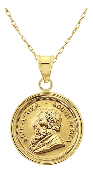 1/4OZ South African Krugerrand Coin Necklace with Polished Halo 16"