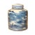 This is a handmade ceramic container urn jar in the white base color. The surface has a blue color oriental scenery...