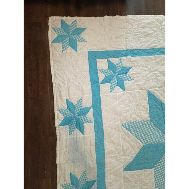 Textile Vintage Handmade Quilted Turquoise and White Lone Star Quilt For Sale - Image 7 of 15