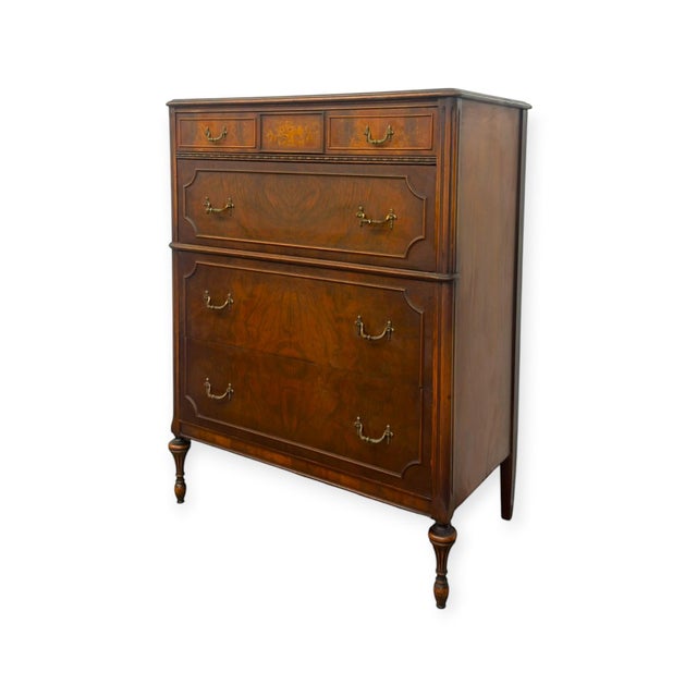 1970s Vintage Traditional Burl Wood Tallboy Dresser With Floral Inlay and Pattern-Lined Drawers. For Sale - Image 5 of 13