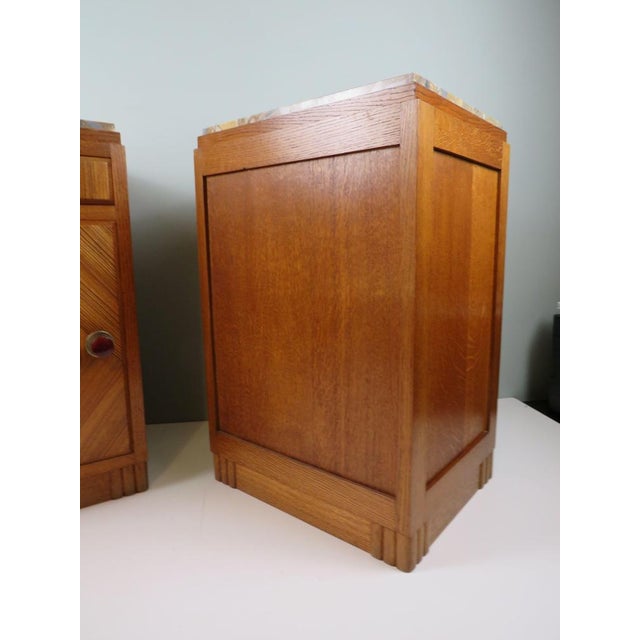 French Art Deco Oak Bedside Cabinets with Inset Marble Tops, 1930s, Set of 2 For Sale - Image 9 of 12