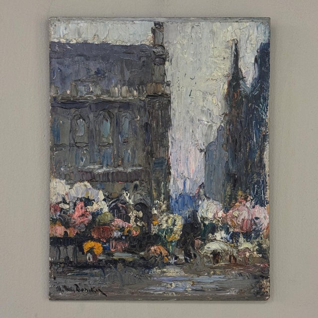 Wood Antique Signed Oil Painting on Board 'Brussels Flower Market on the Grand Place' For Sale - Image 7 of 17
