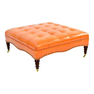 Classic Tufted Orange Leather Ottoman For Sale
