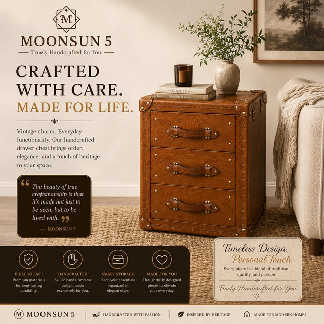 Luxury Handmade Leather Bedside Tables, Pair of Vintage Trunk Nightstands, Tan Leather 3 Drawer Bedside Cabinets With Brass Studs For Sale - Image 11 of 12