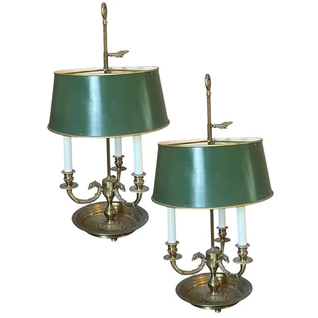 This stunning pair of vintage brass Bouillotte lamps brings classic French elegance to any space. Designed in the timeless...