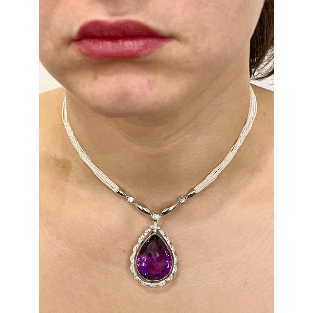 Gemstone 54 Carat Tear Drop Amethyst and Diamonds with Seed Pearl Necklace 18 Karat Gold For Sale - Image 7 of 18