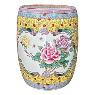 Vintage Oriental Famille Rose Yellow Color Porcelain Round Stool Ottoman For Sale