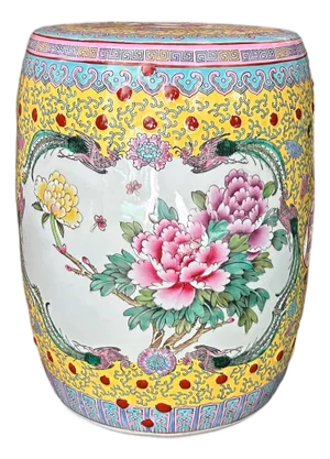 Vintage Oriental Famille Rose Yellow Color Porcelain Round Stool Ottoman