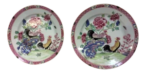 Chinese Export Style Antique Rooster Plates Possibly French - a Pair
