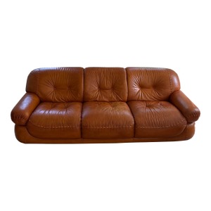 Vintage Cognac Leather Sapporo Sofa Attributed to Mario Marenco for Mobil Girgi, Italy, 1970s