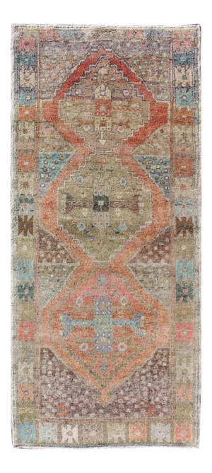 Antique Turkish Oushak Runner With Medallions in Coral, Blue, Brown, Yellow Green & Rust Red