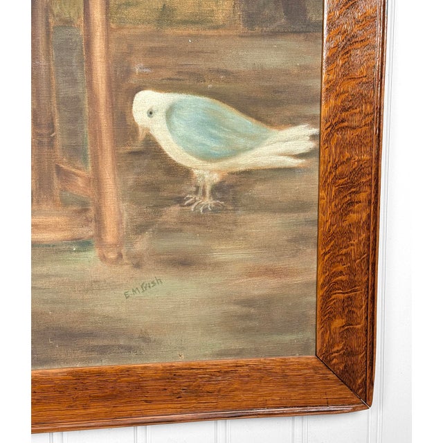 Antique Realism "Women in Pink Dress W/ Forest Doves" Oil on Canvas Painting For Sale - Image 9 of 16