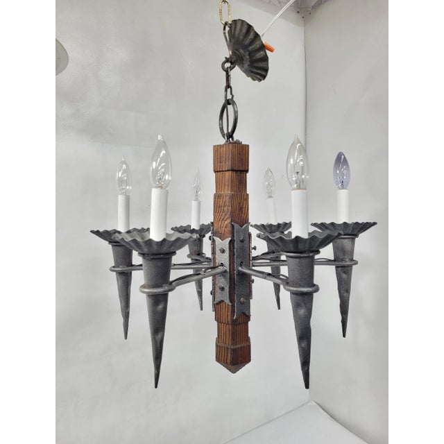 Spanish Revival 6-Light Iron & Wood Chandelier Gothic Arts & Crafts Rustic Castlecore Light For Sale - Image 14 of 15