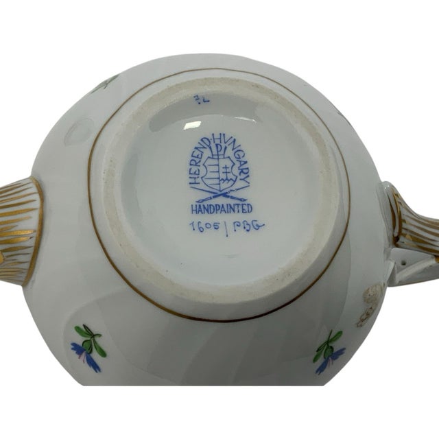 Ceramic Vintage Herend Blue Garland PBG Model 1605 Small Porcelain Teapot Rose Finial Spout Chip Hungary C. 1980s For Sale - Image 7 of 9