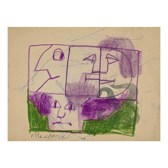 Mino Maccari, Profiles, Original Oil Pastel Drawing, Mid-20th Century For Sale