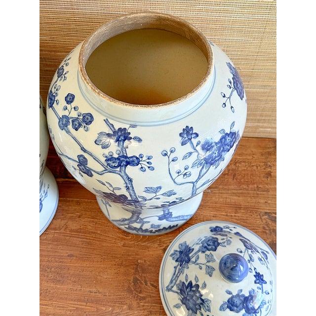 Chinoiserie Chinoiserie Blue & White Cherry Blossom Ginger Jars - A Pair For Sale - Image 3 of 8