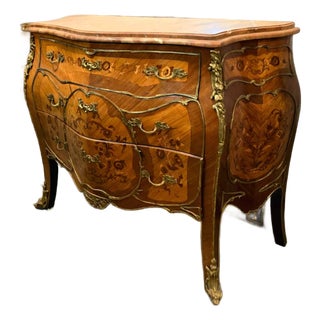 French Louis XV Marble Top Commode With Exquisite Marquetry & Bronze Ormolu For Sale