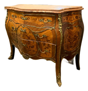 French Louis XV Marble Top Commode With Exquisite Marquetry & Bronze Ormolu