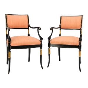 Pair Regency Ebonized Gilt Craved Fireside Dining Arm Chairs Horn Shape Leg