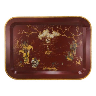 Vintage Red Lacquer Rectangular Tray With Hand Painted Gold Asian Festival Scene and Chinoiserie Style For Sale