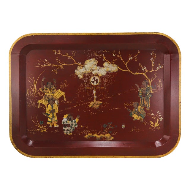 Vintage Red Lacquer Rectangular Tray With Hand Painted Gold Asian Festival Scene and Chinoiserie Style For Sale